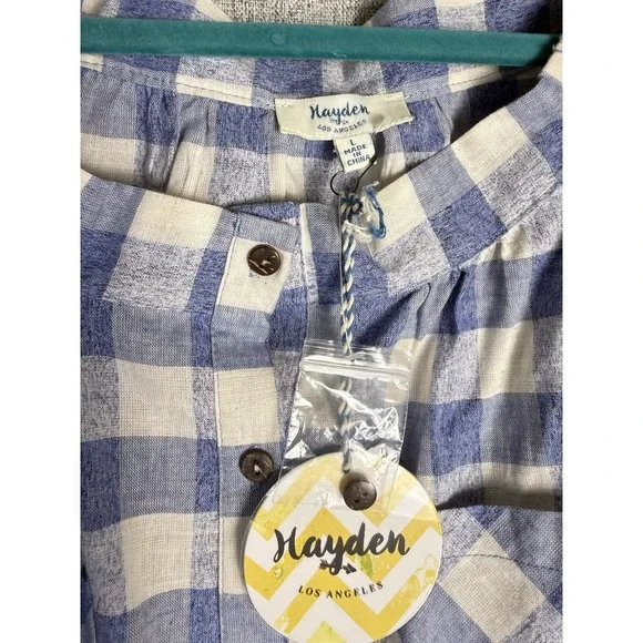 NWT Hayden LA Blue White Plaid Gingham Off Cold Shoulder Button Down Shirt LARGE - Picture 2 of 4